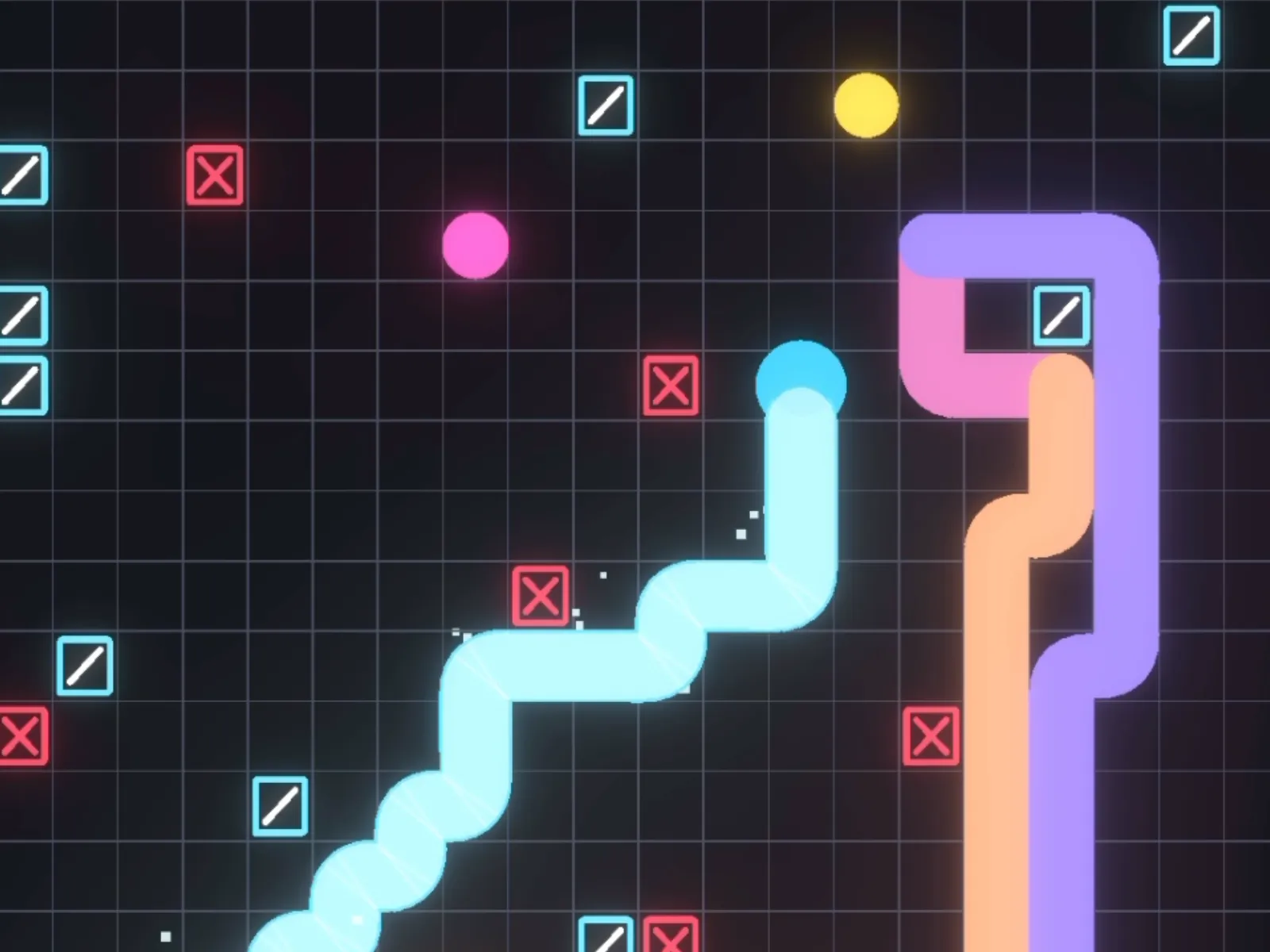 Glowing paths, targets, and obstacles on the game grid